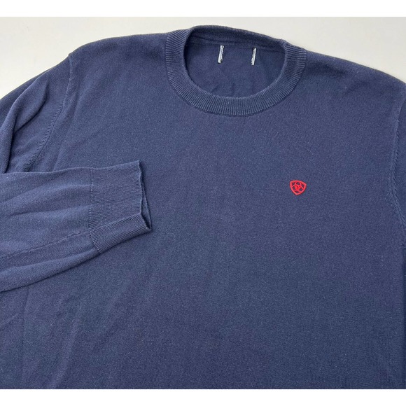 Ariat Navy Blue Crew Neck‎ Knit Sweater Men's Large Logo Cotton Modal Blend - Picture 1 of 6
